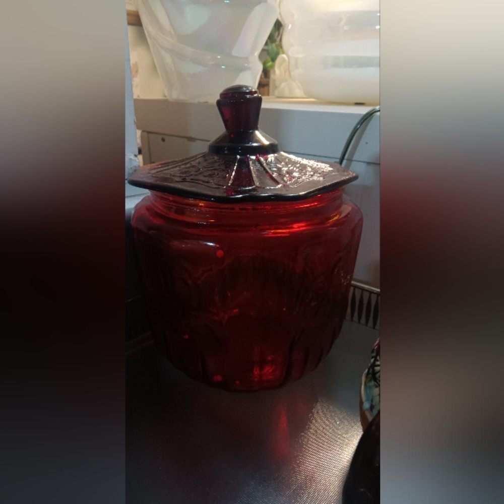Vintage Red Glass Canister with Lid